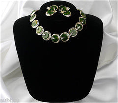 Vintage Signed Art Oriental Spinach Green Marbled Bakelite Necklace Choker Set 1960's