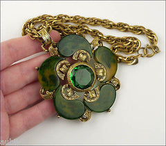 Signed Art Spinach Green Marbled Bakelite Emerald Green Rhinestone Pendant Set