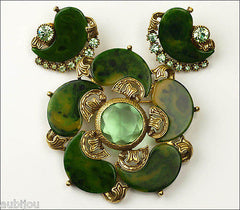 Vintage Signed Art Spinach Green Marbled Bakelite Peridot Rhinestone Brooch Pin Set