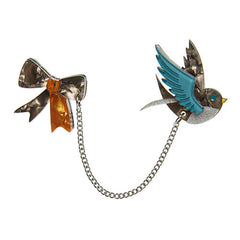 Erstwilder 5th Birthday Robin's Ribbon Double Brooch Sweater Pin Front