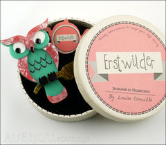 Erstwilder Bird Brooch Pin Howards Hoot Owl Pink Green Box