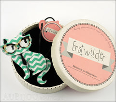 Erstwilder Brooch Pin Elissa the Indie Cat Green White Chevron Box