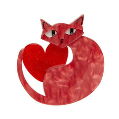 Erstwilder Brooch Pin Linda Love Cat Pink Red Front