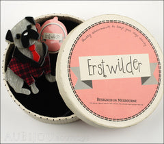 Erstwilder Brooch Pin Pete The Pug Dog Grey Red Box