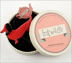 Erstwilder Dachshund Brooch Pin Spiffy the Sausage Dog Red Polka Dot Box