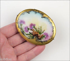 Antique Victorian Porcelain Handpainted Floral Celtic Thistle Flower Brooch Pin