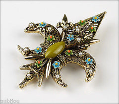 Vintage Signed Art Heraldic Green Enamel Fleur De Lis Lily Brooch Pin Floral 1960's