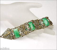 Antique Art Nouveau Czech Grape Green Peking Glass Cabochon Bracelet Victorian