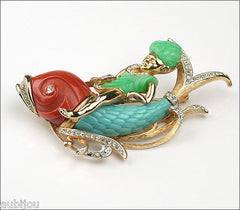 Vintage Unsigned Carnegie Figural Faux Jade Boy Riding Dolphin Fish Brooch Pin