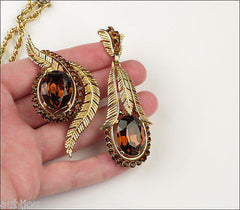 Vintage Trifari Smoked Topaz Rhinestone Floral Fern Set Brooch Pin Bracelet Parure