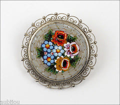 Vintage Italy Mosaic Filigree Floral Flower Brooch Pin Souvenir Forget Me Not