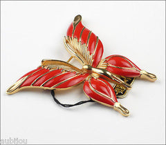 Vintage Crown Trifari Figural Red Enamel Butterfly Insect Brooch Pin Set Earring