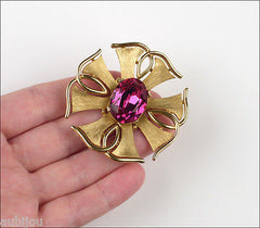 Vintage Trifari Heraldic Fuchsia Glass Rhinestone Cross Brooch Pin Set Earrings