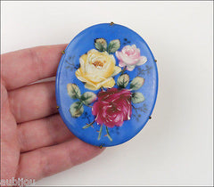 Vintage Large Porcelain Handpainted Floral Blue Red Rose Flower Leaf Brooch Pin
