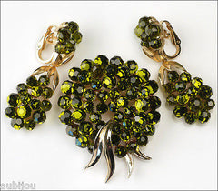 Vintage Trifari Briolette Olivine Glass Rhinestone Brooch Pin Set Drop Earrings