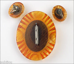 Vintage Carved Apple Juice Amber Lucite Celluloid Cameo Brooch Pin Set Earrings 1950's