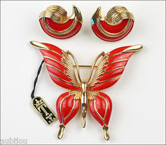 Vintage Crown Trifari Figural Red Enamel Butterfly Insect Brooch Pin Set Earring