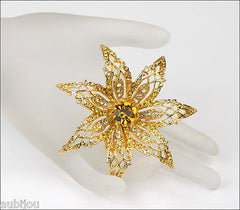 Vintage Signed Art Topaz Jonquil Rhinestone Flower Brooch Pin Set Modeart 1960's