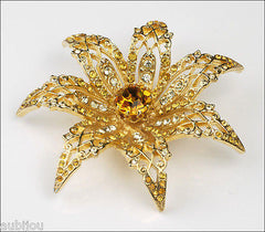 Vintage Signed Art Topaz Jonquil Rhinestone Flower Brooch Pin Set Modeart 1960's