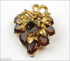 Vintage Signed Art Marked Smoked Topaz Rhinestone Floral Leaf Brooch Pin 1960's
