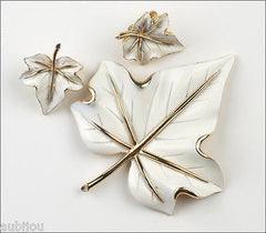 Vintage Crown Trifari White Enamel Floral Leaf Brooch Pin Earrings Set 1960's