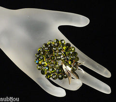 Vintage Trifari Briolette Olivine Glass Rhinestone Brooch Pin Set Drop Earrings