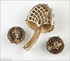 Vintage Crown Trifari White Enamel Turquoise Beads Mushroom Brooch Pin Set 1960's