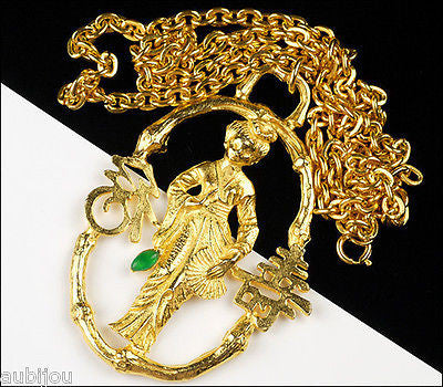 Vintage KJL Kenneth Lane Figural Asian Oriental Geisha Pendant Necklace Runway