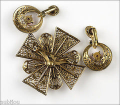 Vintage Signed Art Heraldic Red Enamel Maltese Cross Filigree Brooch Pin Set 1960's