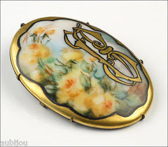 Antique Victorian Porcelain Hand Painted Floral Rose Monogram Flower Brooch Pin
