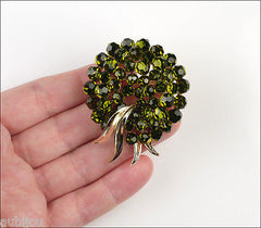 Vintage Trifari Briolette Olivine Glass Rhinestone Brooch Pin Set Drop Earrings