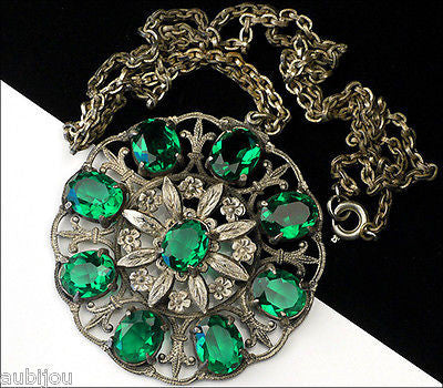 Vintage Czech Emerald Green Openback Rhinestone Pot Metal Pendant Victorian 1930's