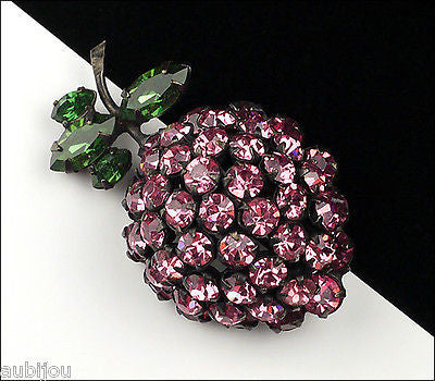 Vintage Schreiner Japanned Emerald Green Rose Rhinestone Strawberry Brooch Pin