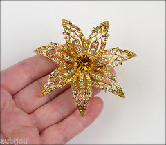 Vintage Signed Art Topaz Jonquil Rhinestone Flower Brooch Pin Set Modeart 1960's