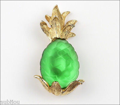 Vintage Napier Frosted Molded Glass Green Pineapple Brooch Pin Fruit Jewelry