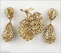 Vintage Trifari Briolette Light Topaz Rhinestone Brooch Pin Set Drop Earrings