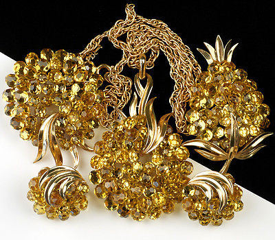 Vintage Trifari Briolette Light Topaz Rhinestone Pineapple Fruit Brooch Pin Set