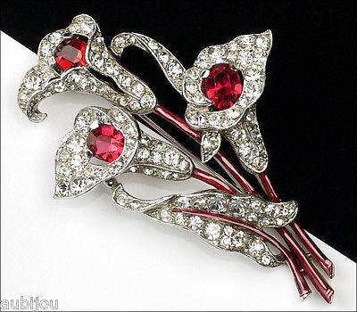 Vintage Trifari 1940's Ruby Red Pave Rhinestone Flower Calla Lily Brooch Pin Spaney