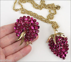 Vintage Trifari Briolette Fuchsia Rhinestone Pineapple Fruit Brooch Pin Set 1960's