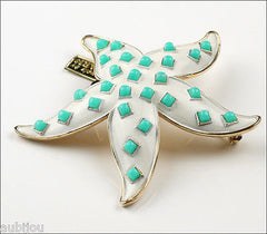 Vintage Crown Trifari White Enamel Faux Turquoise Sea Starfish Brooch Pin Set