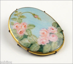 Vintage Porcelain Handpainted Floral Blue Pink Rose Bud Leaf Flower Brooch Pin