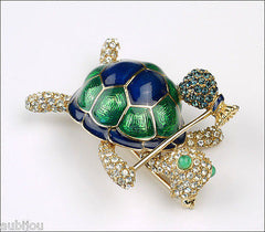 Vintage Ciner Figural Green Blue Enamel Rhinestone Turtle Hobo Brooch Pin Set 1960's