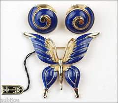 Vintage Crown Trifari Figural Dark Blue Enamel Butterfly Insect Brooch Pin Set