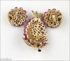Vintage Trifari Briolette Fuchsia Rhinestone Pineapple Fruit Brooch Pin Set 1960's