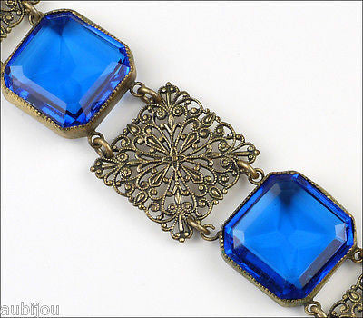 Antique Art Nouveau Cobalt Blue Openback Rhinestone Filigree Bracelet Brass 1900's