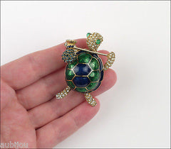 Vintage Ciner Figural Green Blue Enamel Rhinestone Turtle Hobo Brooch Pin Set 1960's