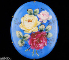 Vintage Large Porcelain Handpainted Floral Blue Red Rose Flower Leaf Brooch Pin