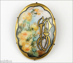 Antique Victorian Porcelain Hand Painted Floral Rose Monogram Flower Brooch Pin