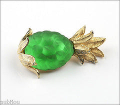 Vintage Napier Frosted Molded Glass Green Pineapple Brooch Pin Fruit Jewelry