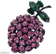 Vintage Schreiner Japanned Emerald Green Rose Rhinestone Strawberry Brooch Pin